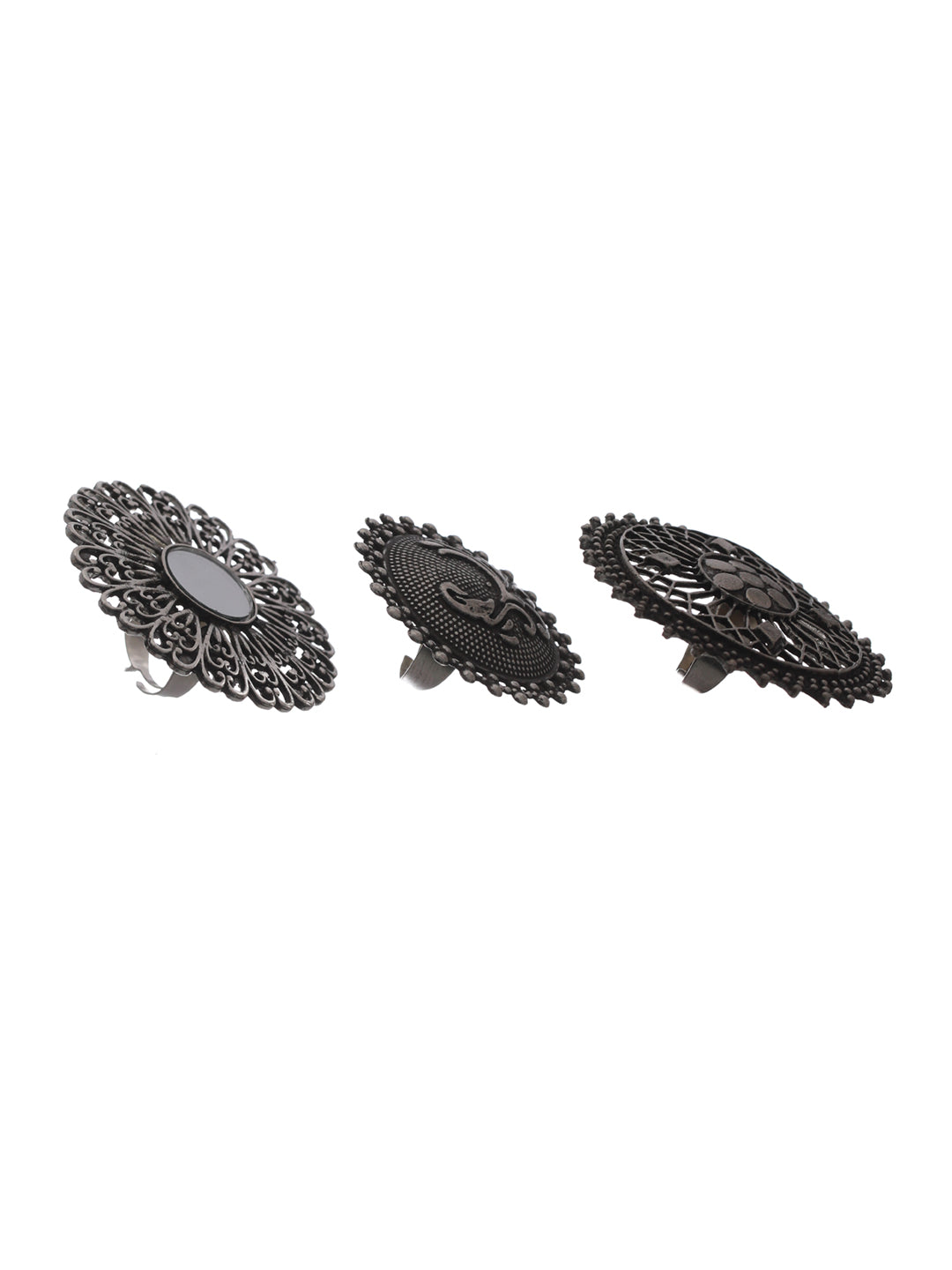 Priyaasi Floral Mirror Motif Oxidised Silver Ring Set of 3