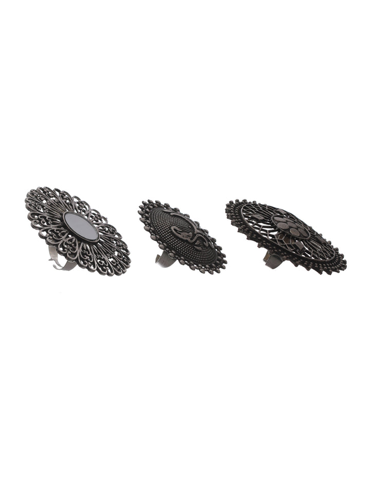 Priyaasi Floral Mirror Motif Oxidised Silver Ring Set of 3