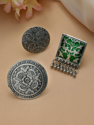 Priyaasi Green Floral Oxidised Silver Ring Set of 3