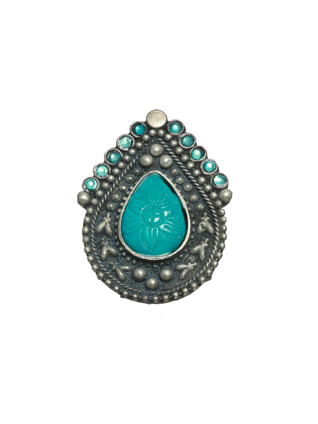Priyaasi Oxidised Blue Stone Tear Drop Shaped Ring
