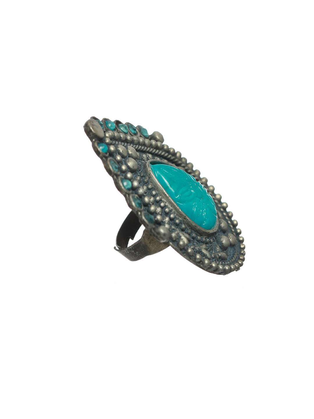 Priyaasi Oxidised Blue Stone Tear Drop Shaped Ring