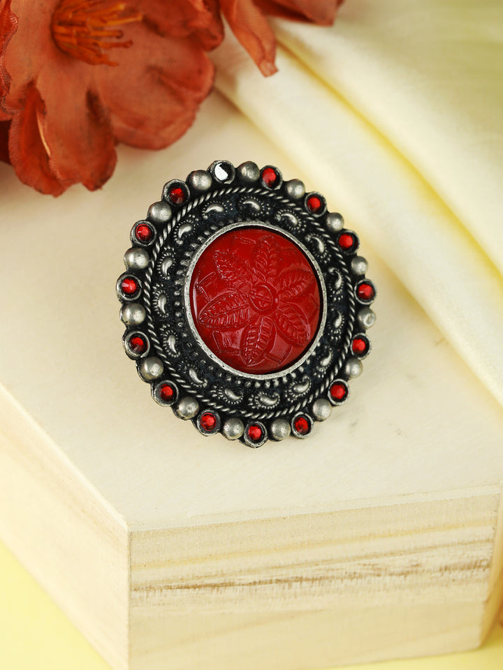 Priyaasi Oxidised Red Stone Round Floral Ring