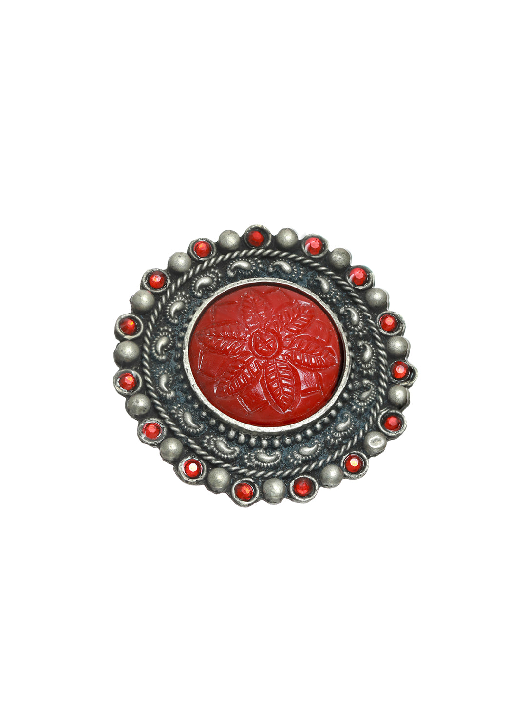 Priyaasi Oxidised Red Stone Round Floral Ring