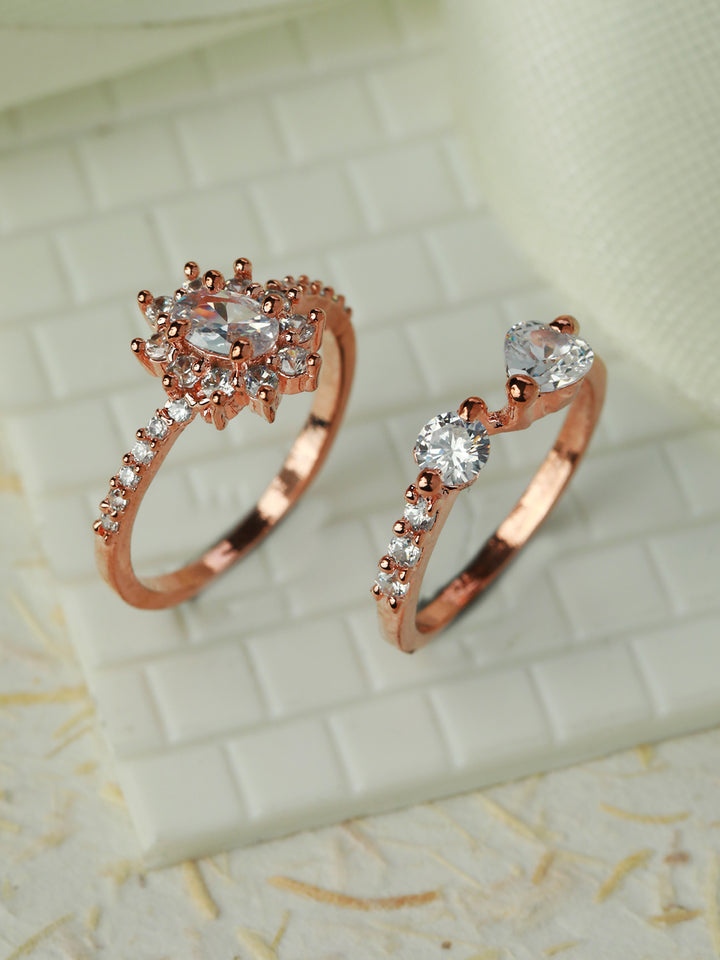 Priyaasi Floral American Diamond Rose Gold Plated Ring Set of 2