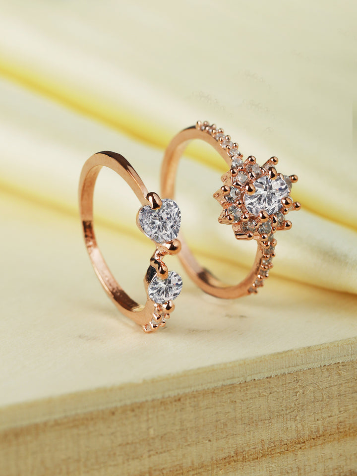 Priyaasi Floral American Diamond Rose Gold Plated Ring Set of 2