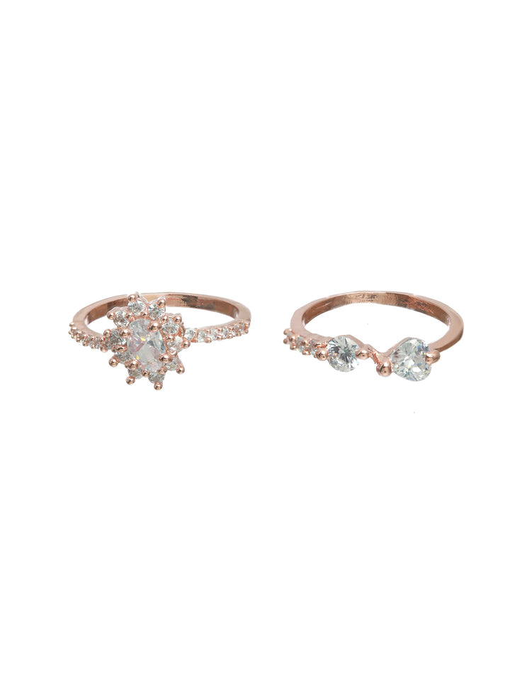Priyaasi Floral American Diamond Rose Gold Plated Ring Set of 2