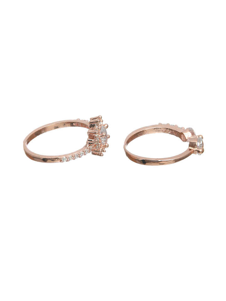 Priyaasi Floral American Diamond Rose Gold Plated Ring Set of 2