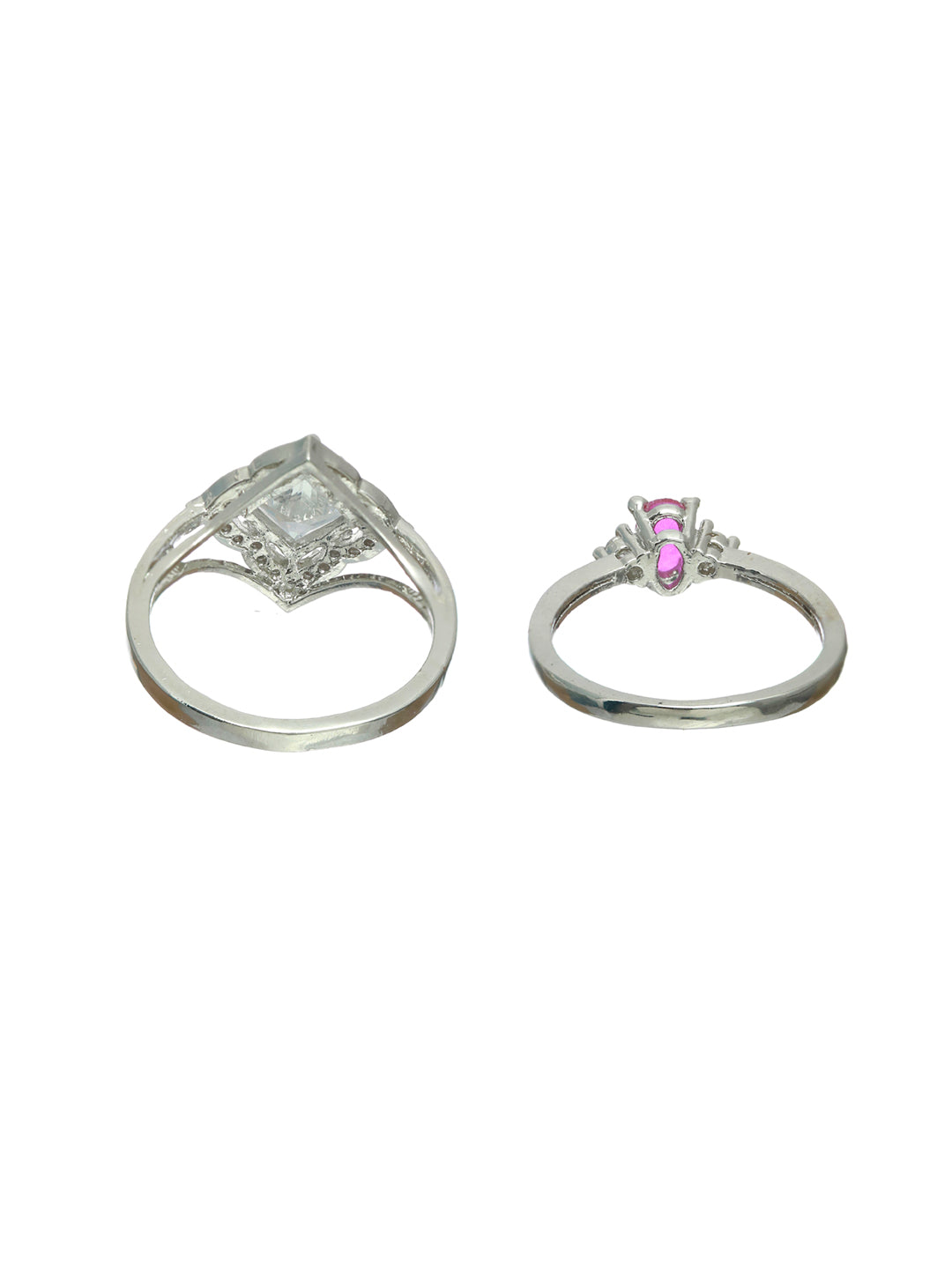 Priyaasi Pink Studded Solitaire Silver Plated Ring Set of 2