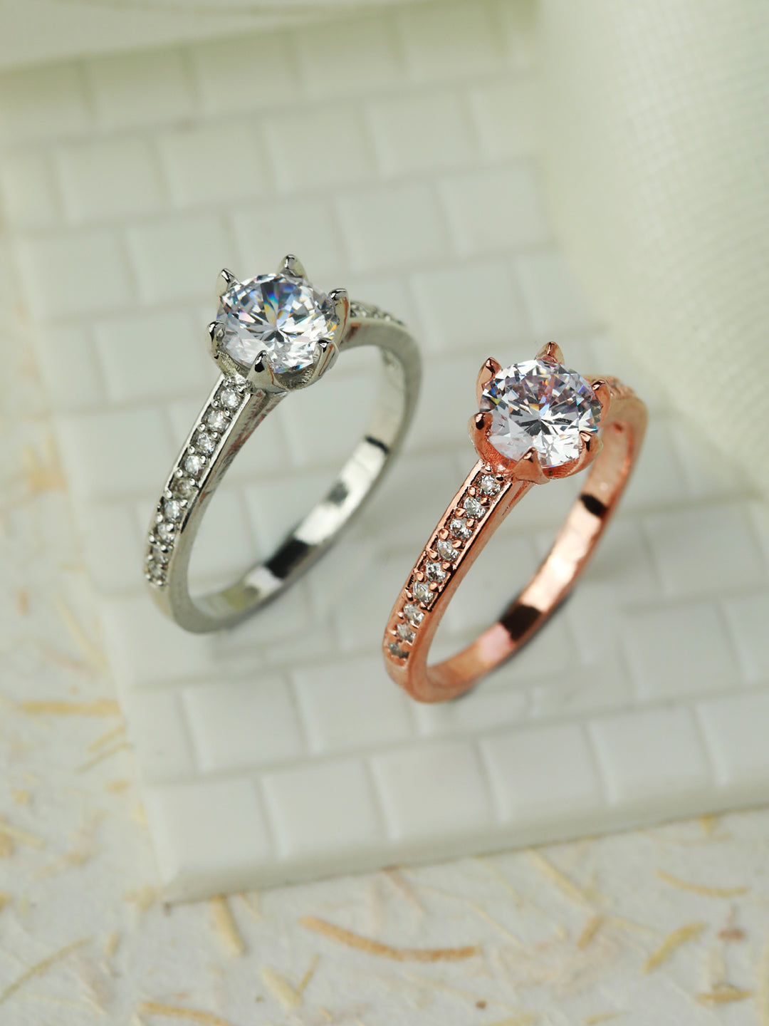 Priyaasi Solitaire Silver Rose Gold Plated Ring Set of 2
