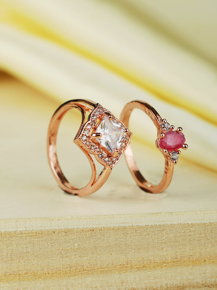 Priyaasi Pink Solitaire Rose Gold Plated Ring Set of 2
