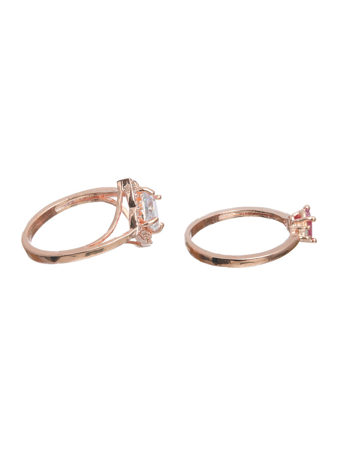Priyaasi Pink Solitaire Rose Gold Plated Ring Set of 2