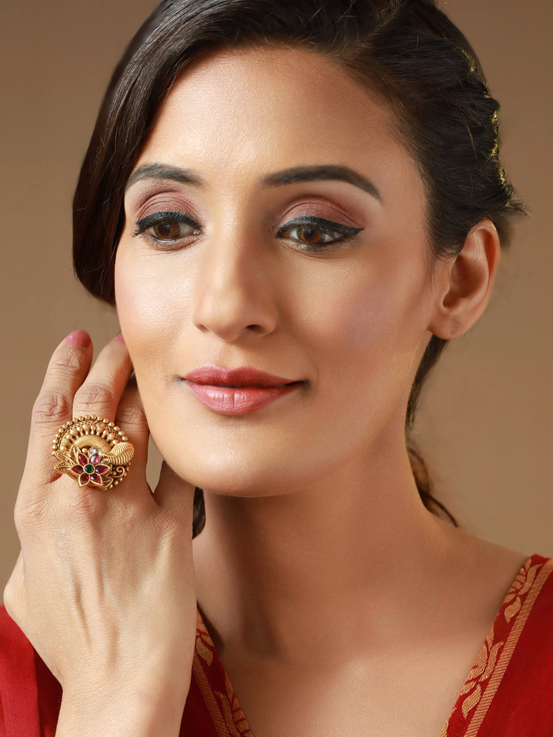 Priyaasi Studded Floral Multicolor Gold Plated Ring