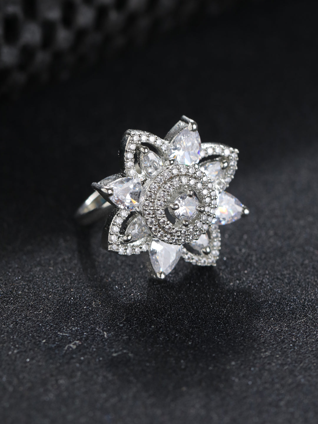 Priyaasi Floral American Diamond Silver-Plated Ring