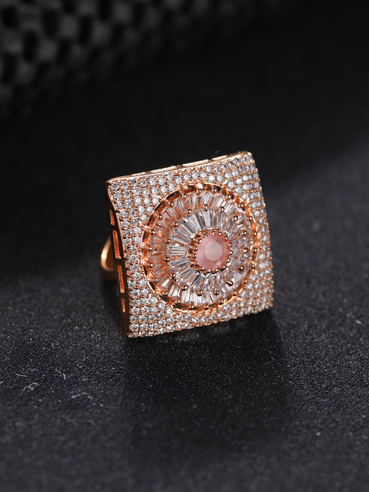 Priyaasi Pink Floral Block AD Rose Gold-Plated Ring