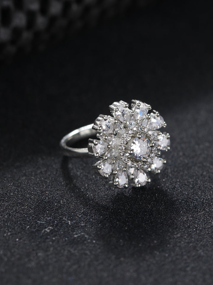 Priyaasi Pretty Flower American Diamond Silver-Plated Ring