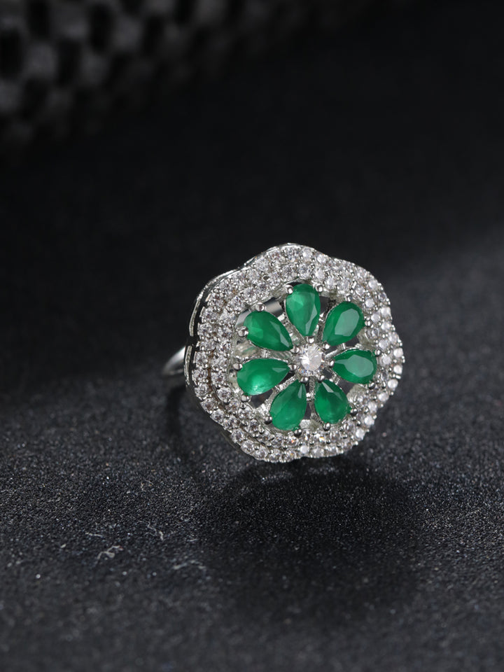 Priyaasi Elegant Green Floral Rose Gold-Plated Ring