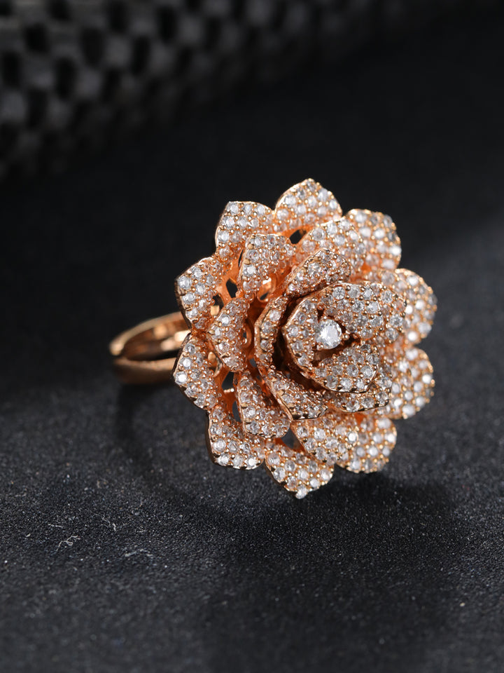 Priyaasi Floral American Diamond Studded Rose Gold-Plated Ring