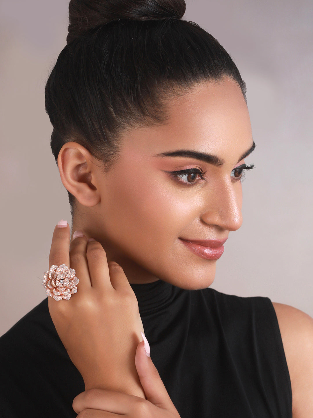 Priyaasi Floral American Diamond Studded Rose Gold-Plated Ring