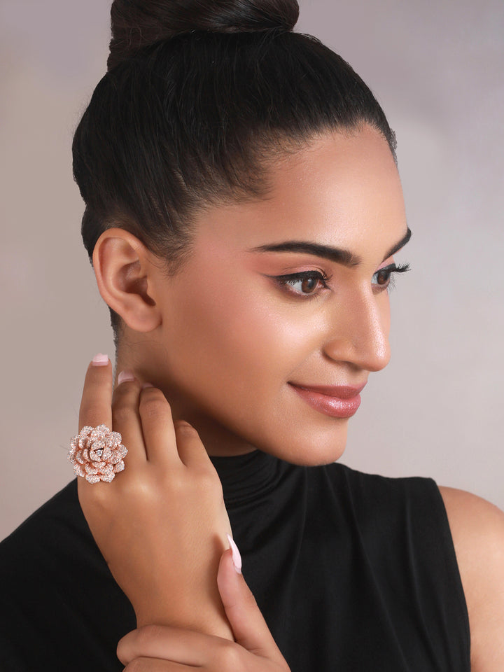Priyaasi Floral American Diamond Studded Rose Gold-Plated Ring