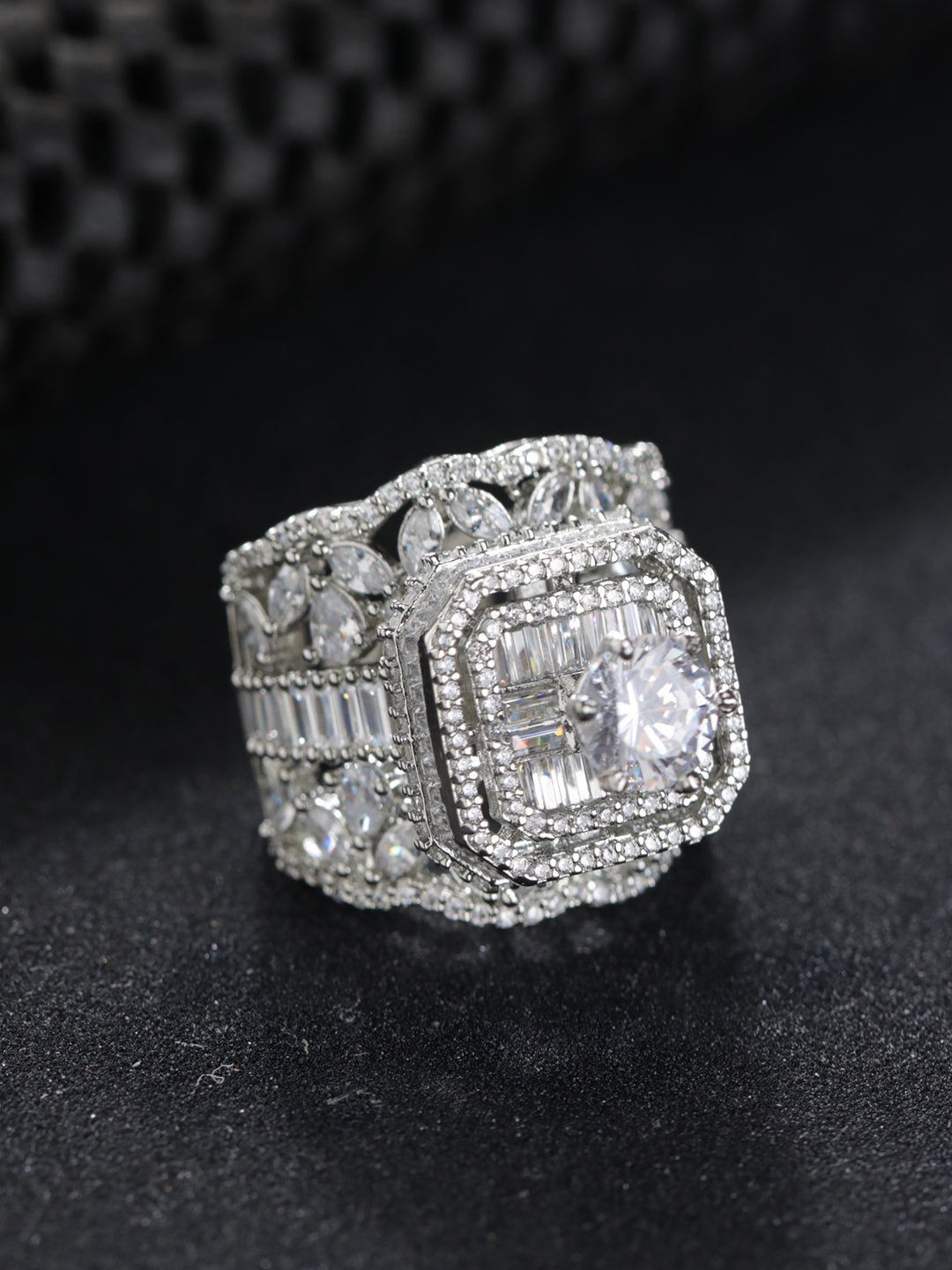 Priyaasi Sparkling American Diamond Silver-Plated Ring