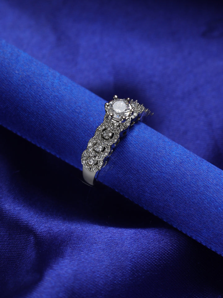 Priyaasi Solitaire American Diamond Silver-Plated Ring