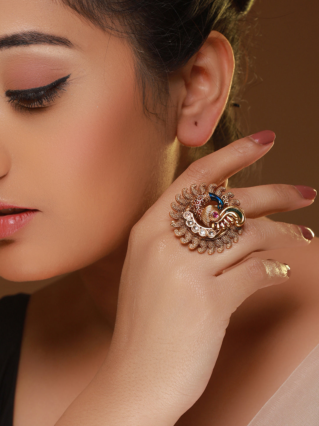 Multicolor Stone Studded Peacock Gold-Plated Ring