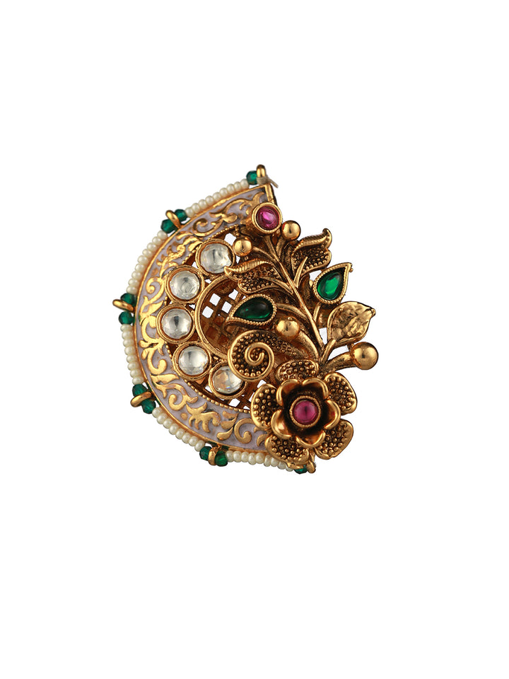 Studded Multicolor Floral Half-Motif Gold-Plated Ring