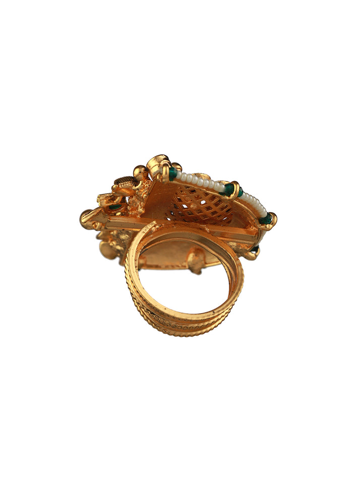 Studded Multicolor Floral Half-Motif Gold-Plated Ring