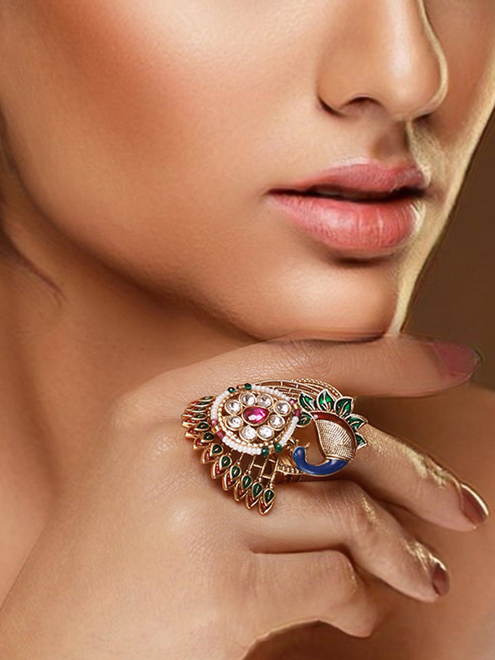 Multicolor Studded Peacock Floral Gold-Plated Ring