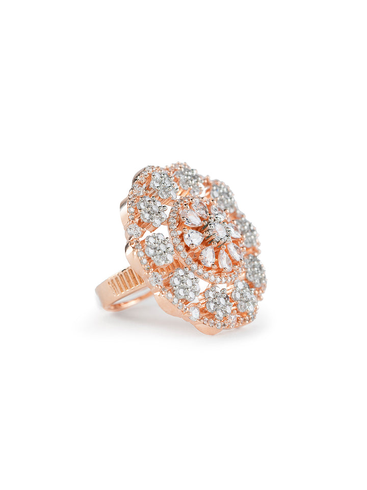 Floral Design American Diamond Rose Gold-Plated Cocktail Ring