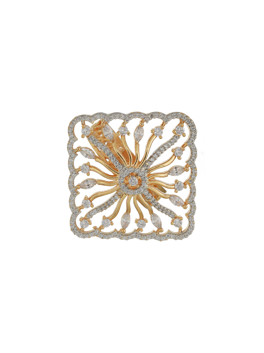 Sparkling Floral Block American Diamond Gold-Plated Cocktail Ring