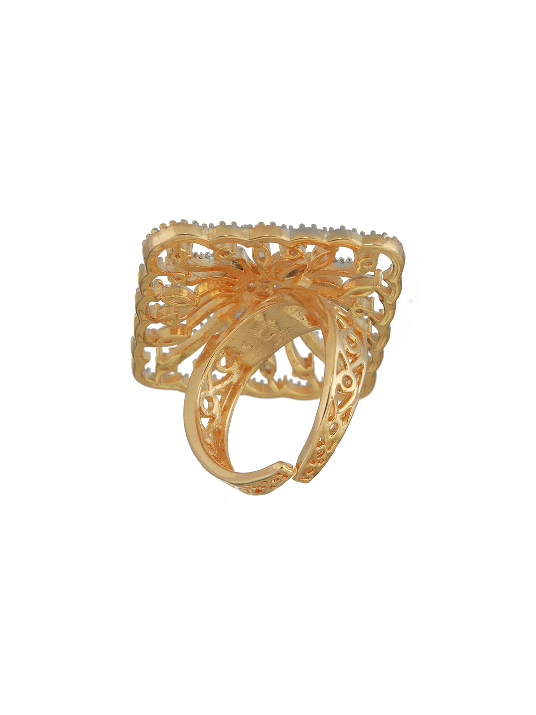 Sparkling Floral Block American Diamond Gold-Plated Cocktail Ring