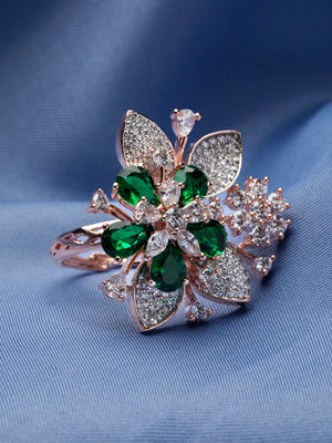 Stunning Green Floral Leaf AD Rose Gold-Plated Cocktail Ring