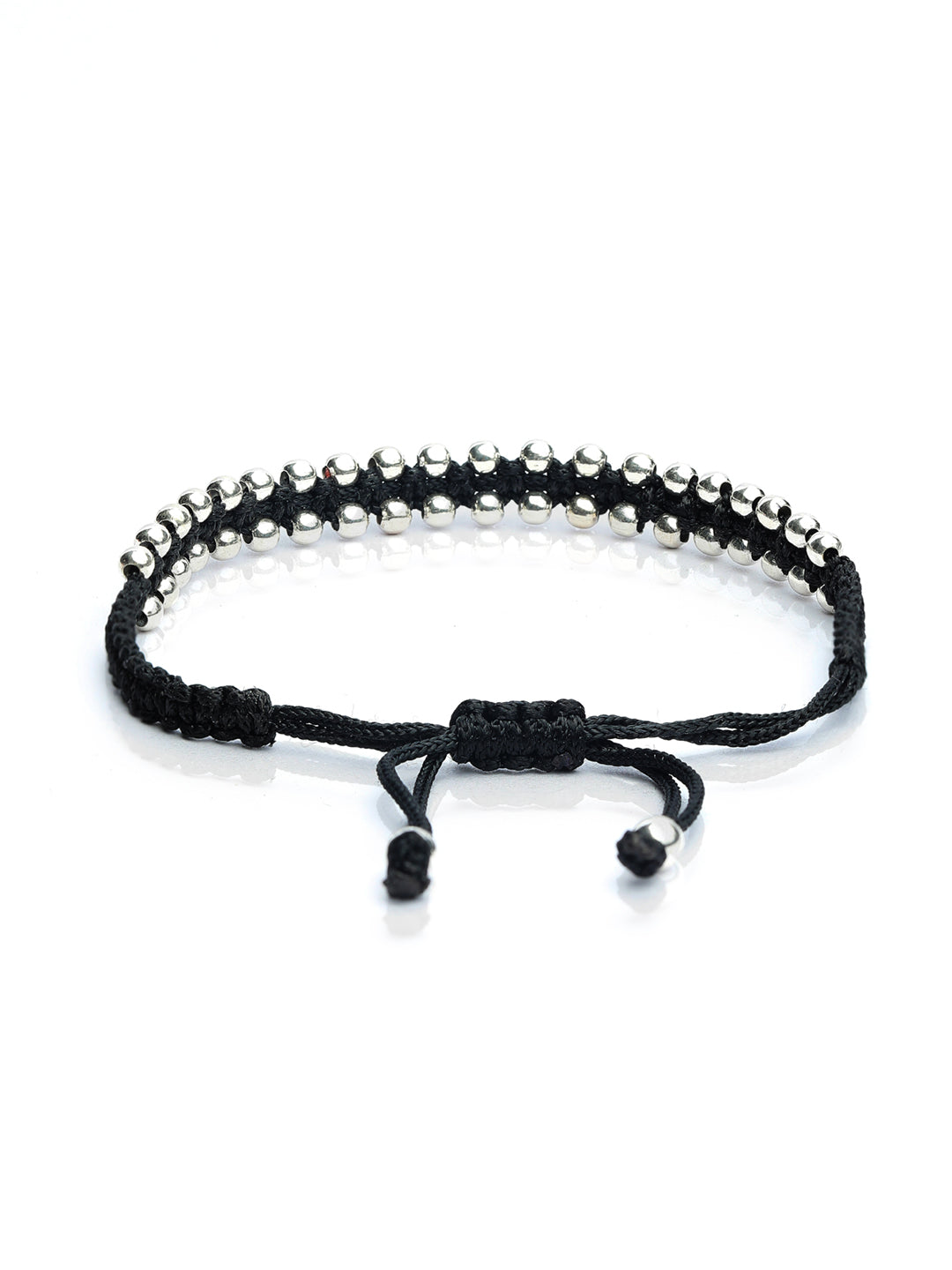 Flower motif and Rudraksh beads adjustable black thread bracelet in pure  silver