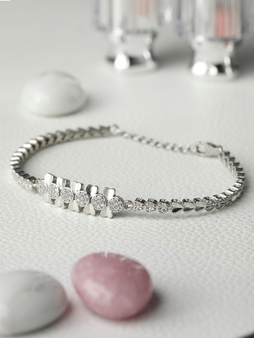 Floral American Diamond Studded Sterling Silver Bracelet