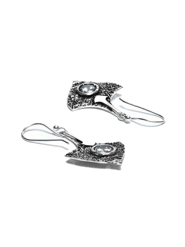 Oxidised Silver Stone Studded Triangular Leaf Earrings