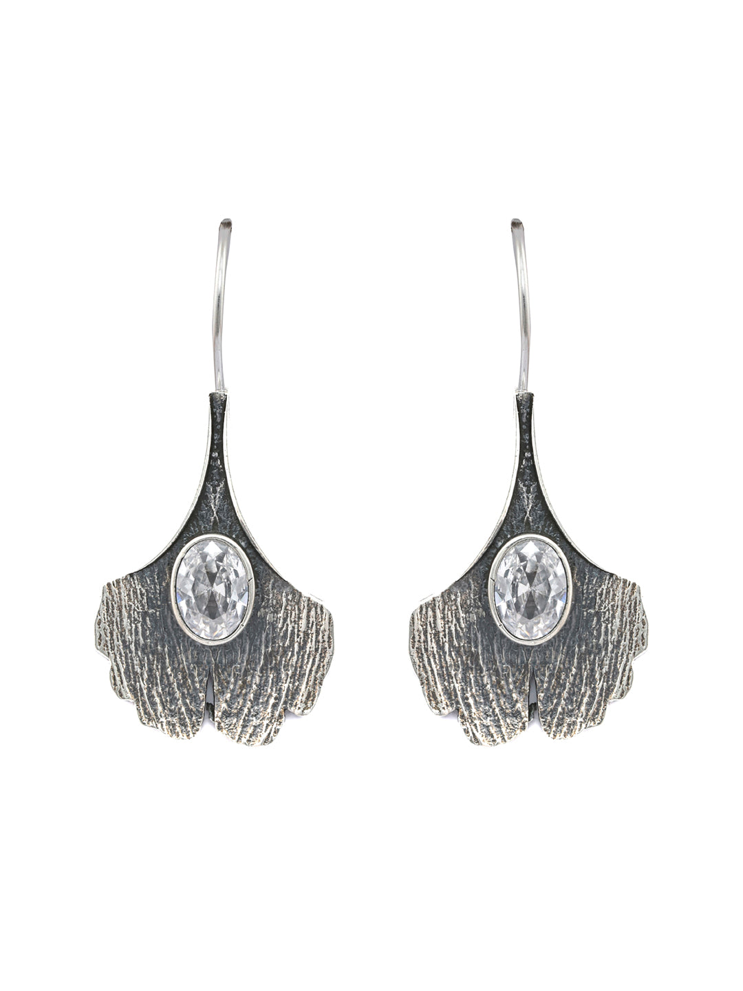 Oxidised Silver Stone Studded Leaf Drop Earrings