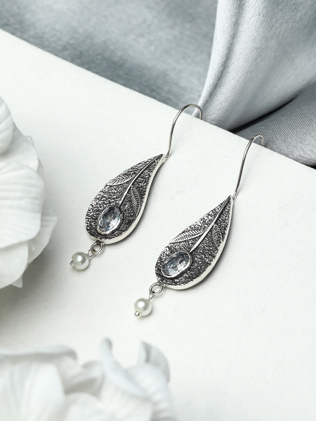 Oxidised Silver Stone Studded Tulip Flower Drop Earrings