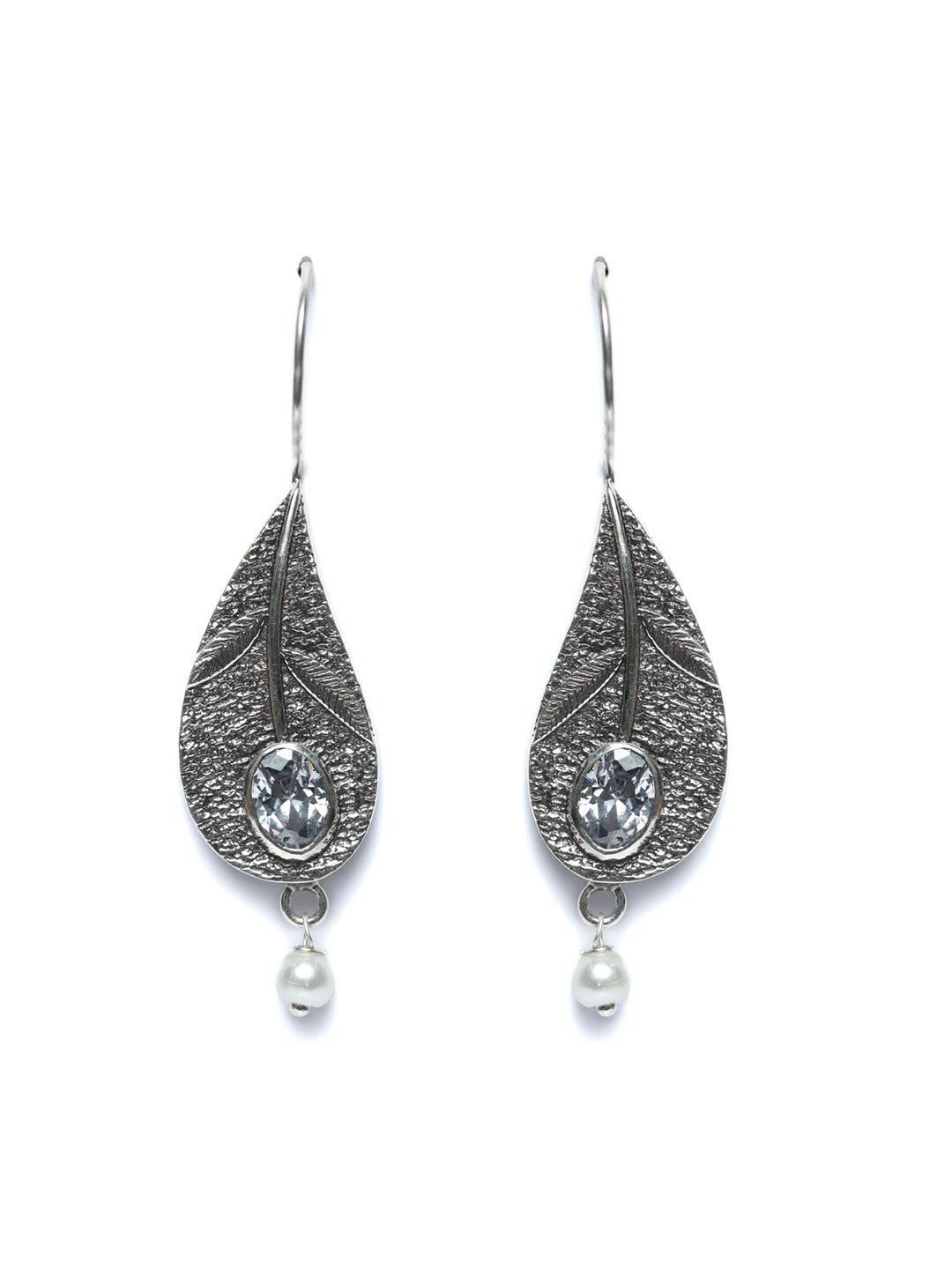 Oxidised Silver Stone Studded Tulip Flower Drop Earrings
