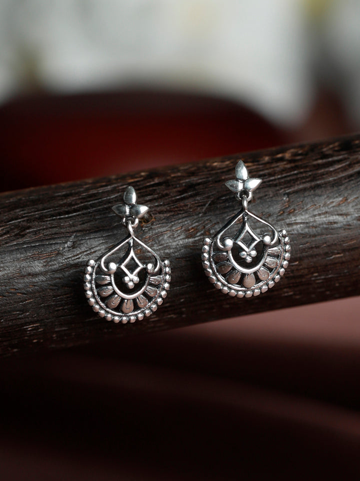 Oxidised Silver Crescent Floral Drop Earrings
