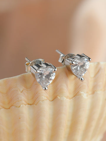 Cubic Zirconia Studded Heart Solitaire Stud Earrings