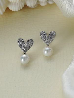 Sheer by Priyaasi Heart American Diamond Pearl Sterling Silver Earrings