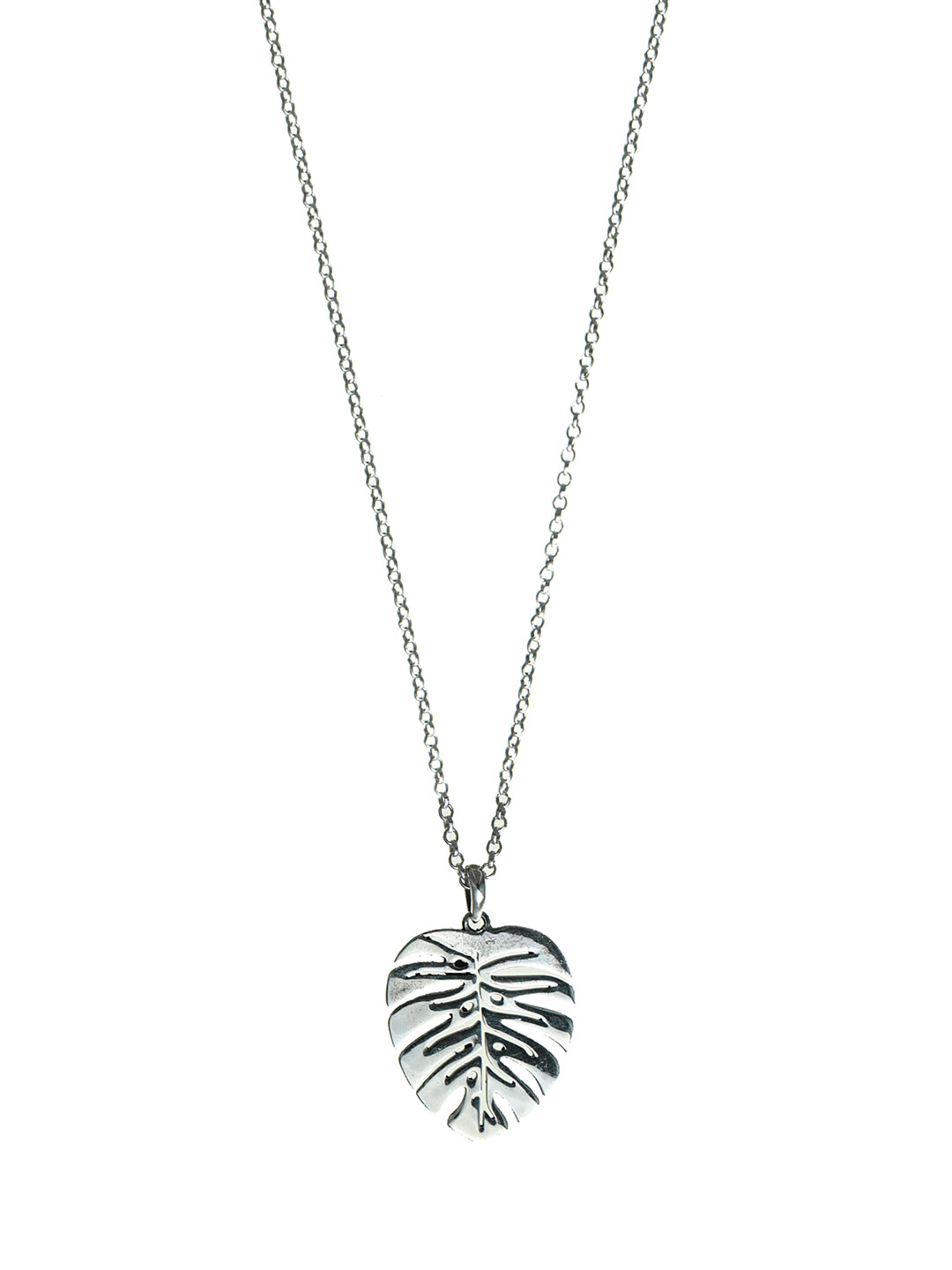 Engraved Leaf Oxidised Silver Pendant Necklace