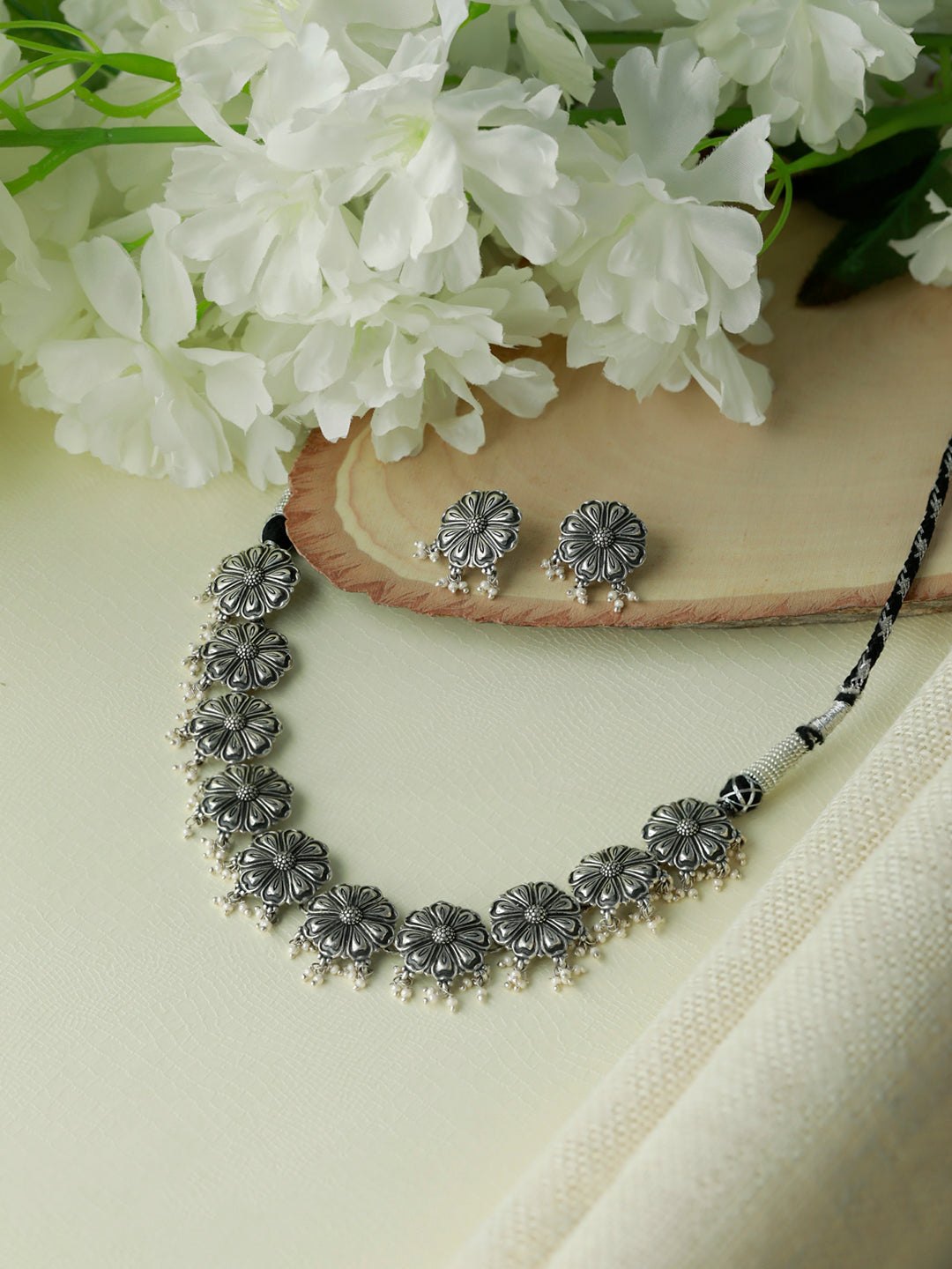 Oxidised Silver Blooming Flower Pearl Jewellery Set
