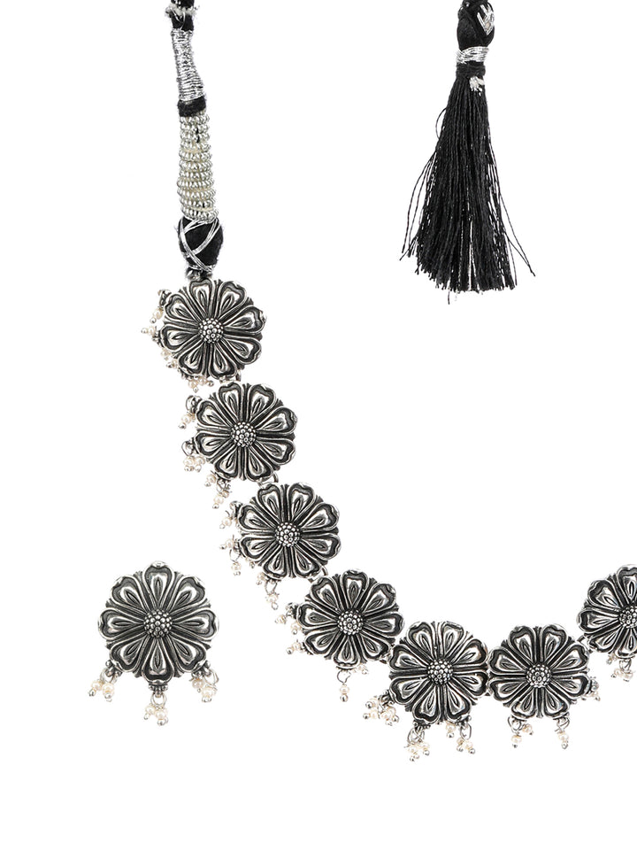 Oxidised Silver Blooming Flower Pearl Jewellery Set
