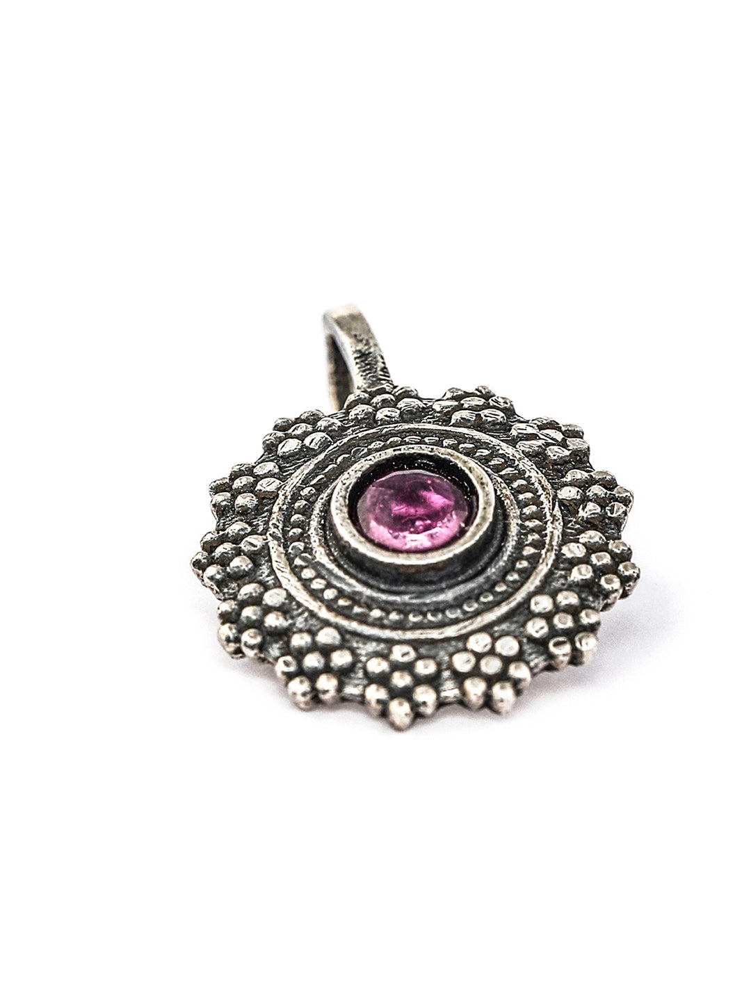 Oxidised Silver Ruby Stone Studded Floral Nath