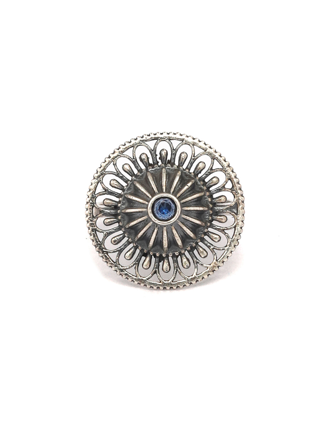 Mandala Oxidised Silver Ring with Blue Stone