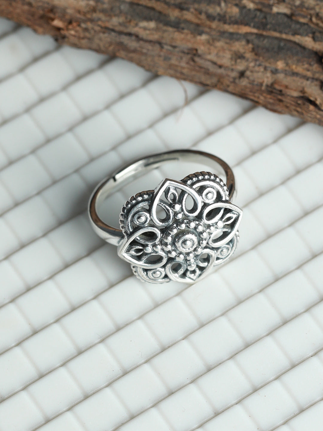 Oxidised Silver Blooming Flower Ring