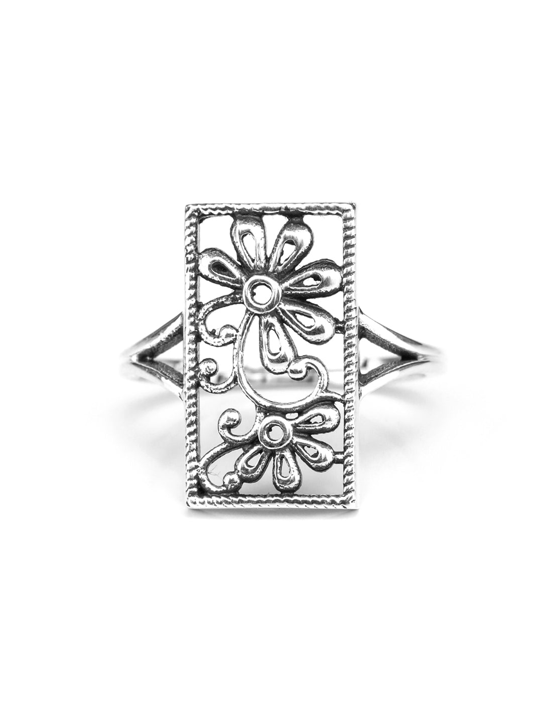 Trendy Tribe - Ethnic Square Flower Oxidised Silver Ring