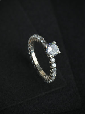 Cubic Zirconia Studded Solitaire Silver Ring